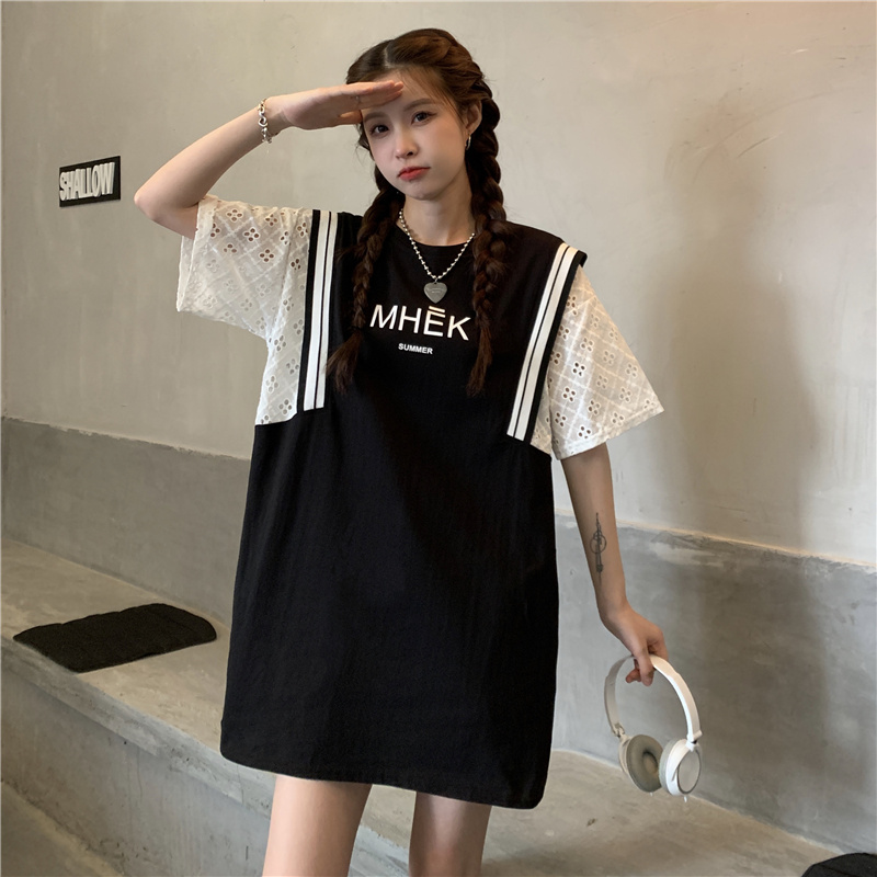 夏季新款韓版寬鬆字母印花鏤空籃球服中長款短袖假兩件女拼接字母