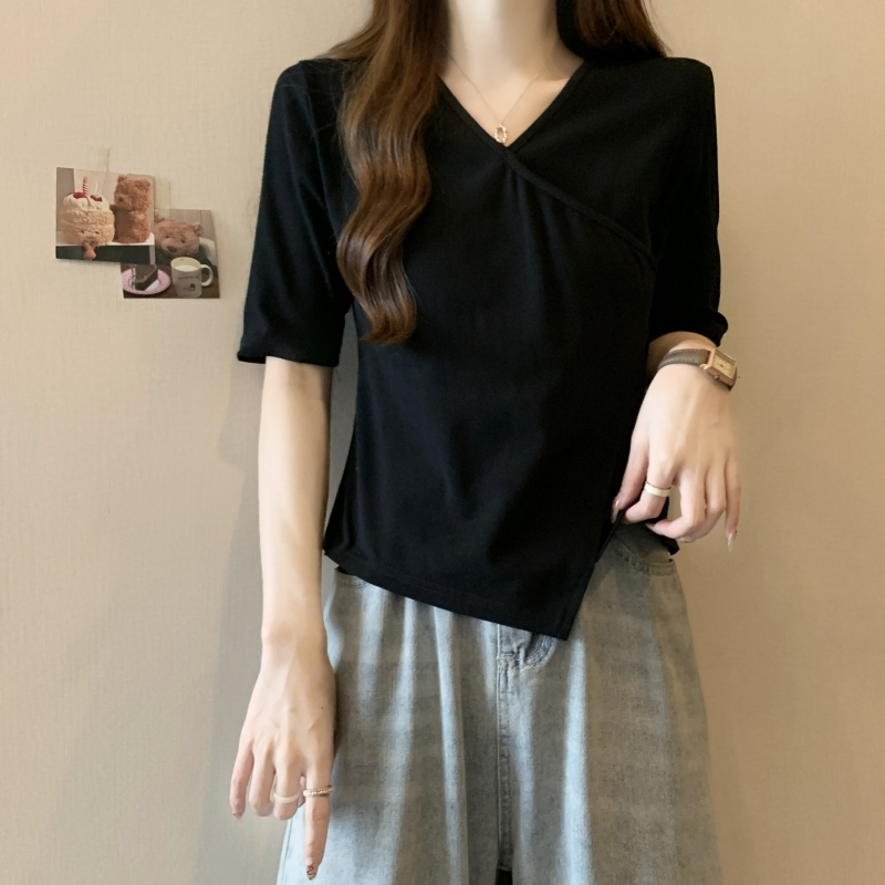 實拍  40支純棉 2024夏裝不規則小眾交叉短袖T恤女V領