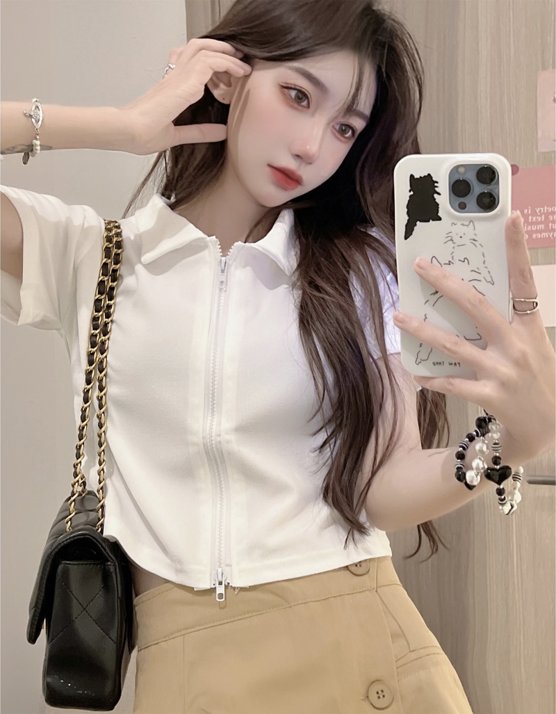 實拍  夏裝 新款純色polo領女高腰短款短袖T恤上衣