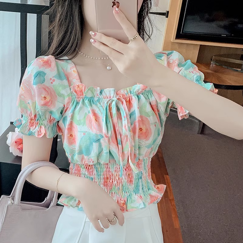 原版做工氣質方領泡泡袖印花襯衫女夏2024新款短款雪紡衫上衣
