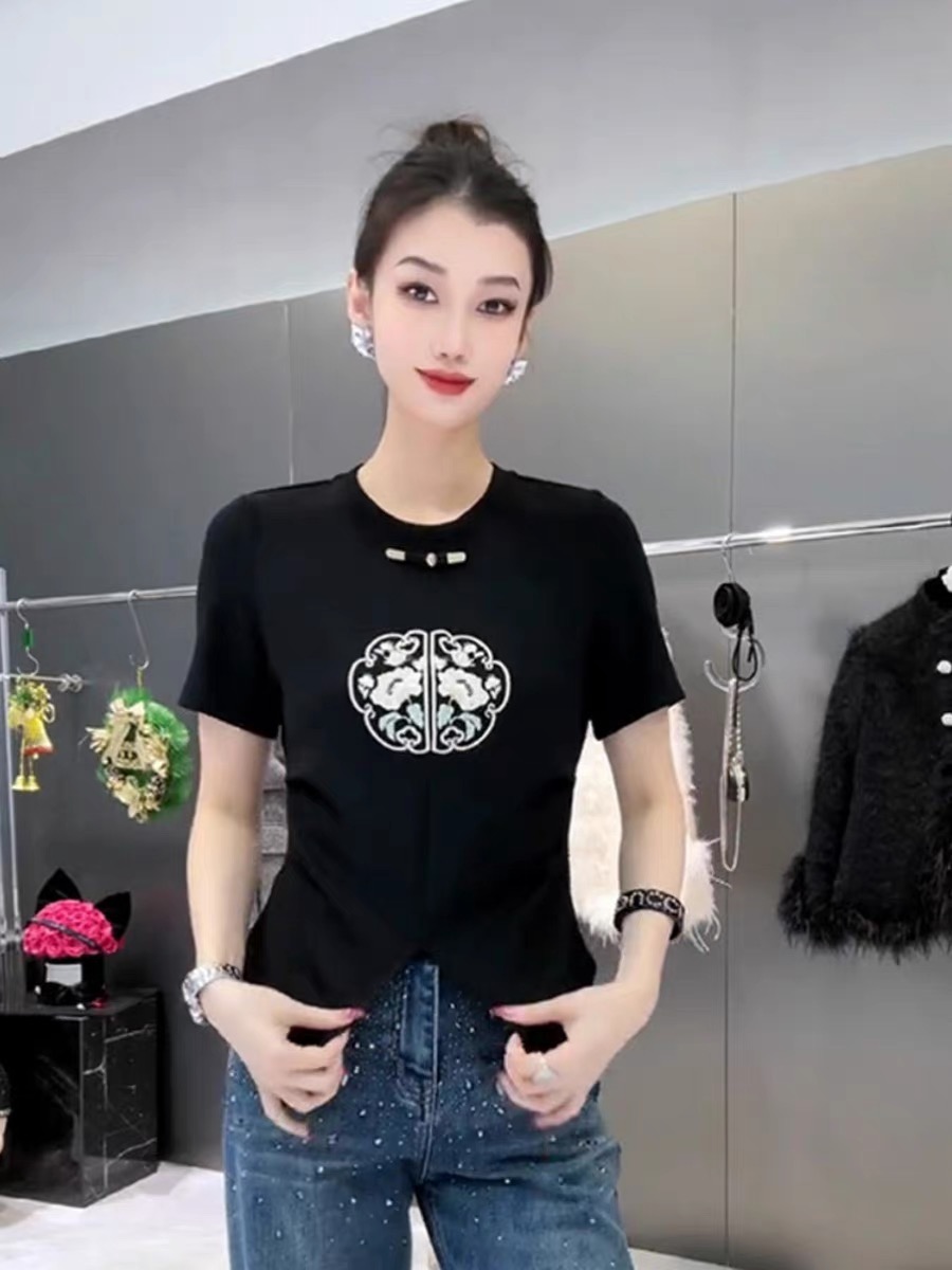 新中式國風短袖開叉上衣女2024早春新款高級感小個子內搭T恤