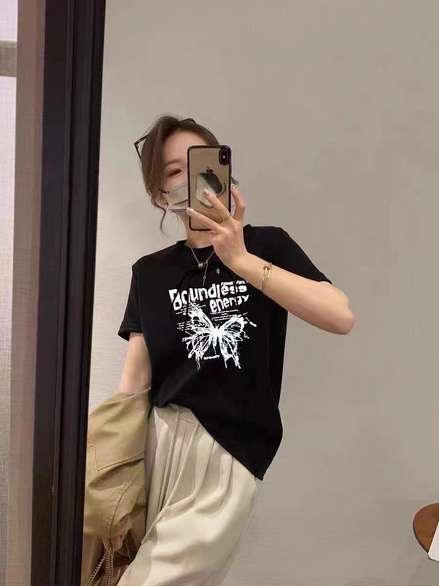 網紅同款2024春季新款新中式時尚韓版女百搭蝴蝶印花T恤
