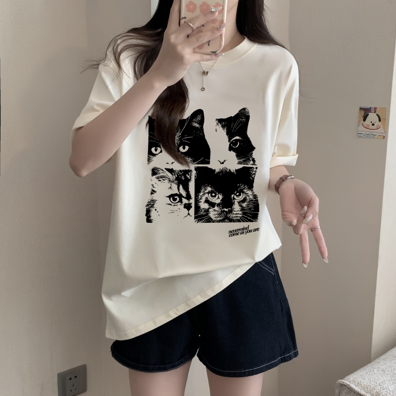 實拍 100%棉精梳純棉 印花夏裝短袖T恤女寬鬆韓版
