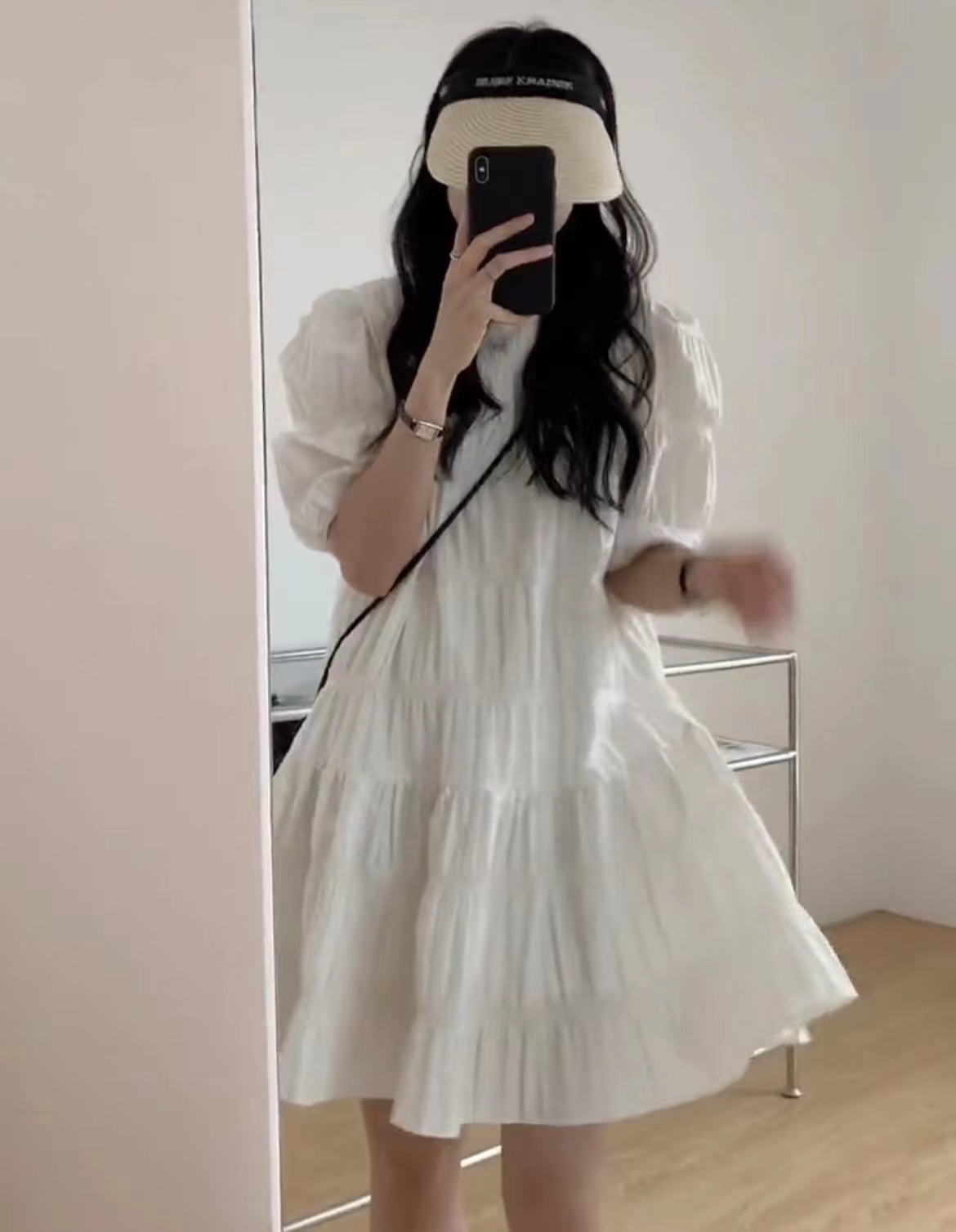2024新款設計感小眾褶皺泡泡袖法式連衣裙女夏季小個子顯瘦短裙子