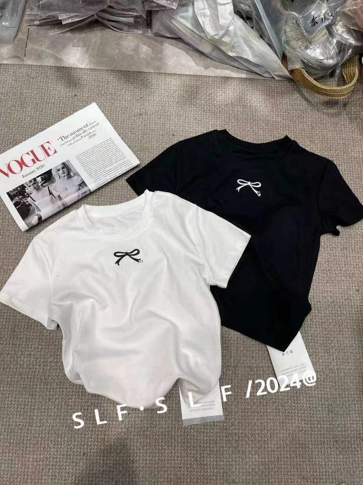 減齡蝴蝶結刺繡短袖T恤女歐洲站2024春新款歐貨甜美修身打底上衣