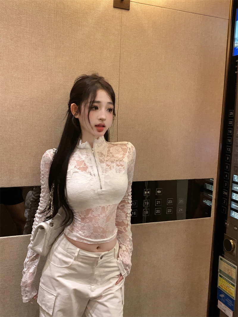 實拍  蕾絲辣妹T恤美式復古街頭性感修身內搭打底上衣