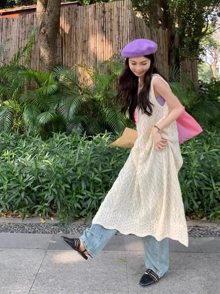 設計感小眾疊穿罩衫針織背心裙夏季女後背開叉長裙連衣裙別致裙子