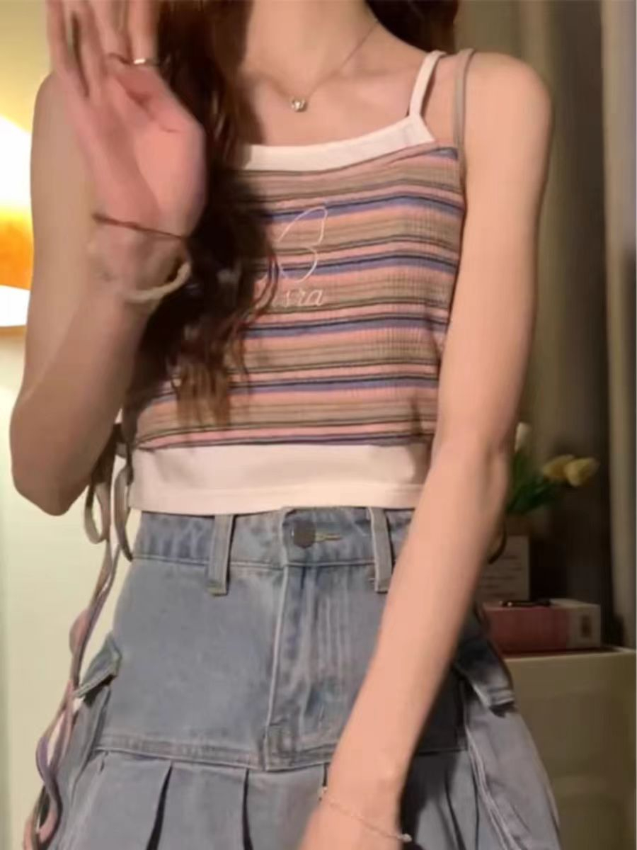 260隨心裁 美式條紋假兩件辣妹吊帶背心短款上衣