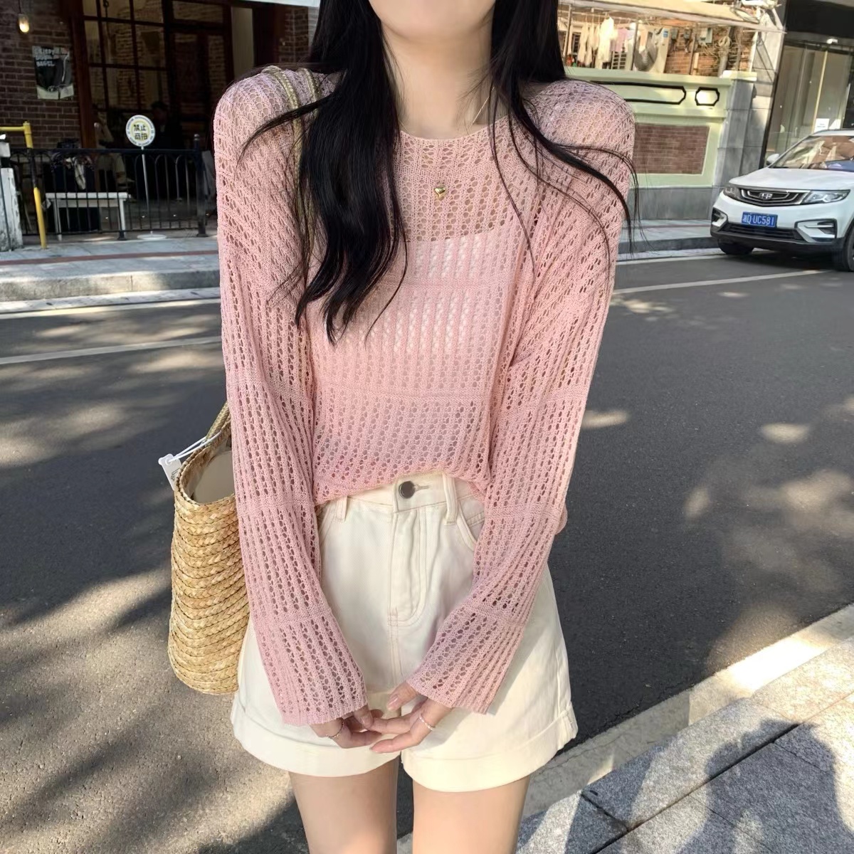 冰絲鏤空防曬套頭純色針織衫女長袖夏季薄款外搭小罩衫配吊帶上衣