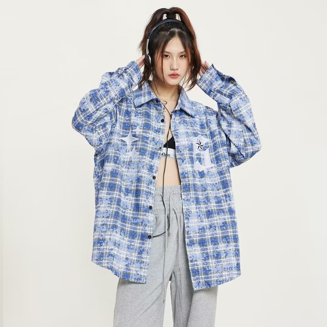 2024美式街頭藍色格子襯衫外套男女寬鬆休閒潮刺繡字母襯衣外套