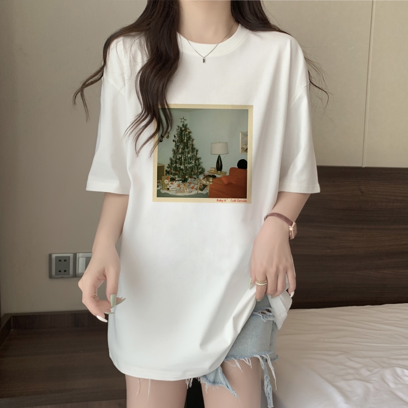 實拍 100%棉精梳純棉 印花夏裝短袖T恤女寬鬆韓版