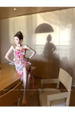 DoggyQin Amane / Chic & Stunning Floral Slip Dress for Women — Irregular Design, Ruffled Hem, Side Slit, and Defined Waistline with Fishtail Silhouette