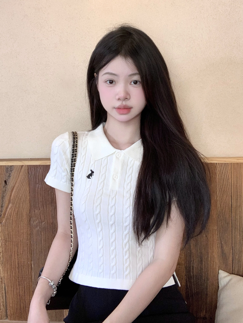 Real shot Summer new college style polo collar twist rabbit knitted short-sleeved top for women