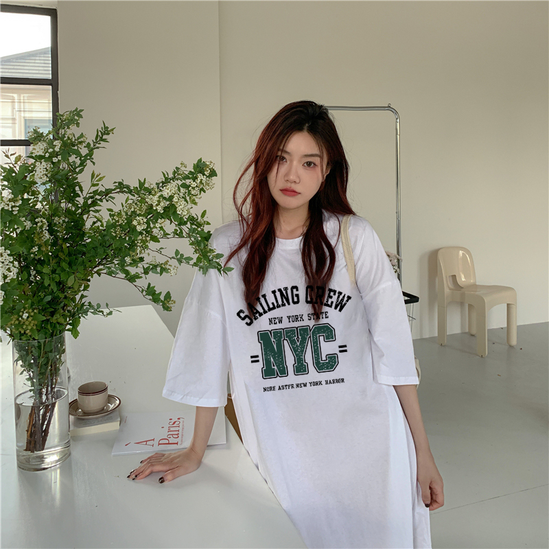 實拍6535拉架棉夏季新款韓版寬鬆中長款短袖連衣裙女