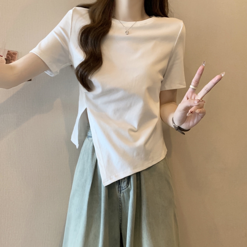 實拍  40支純棉 2024夏裝設計感小眾抽繩短袖T恤女純色