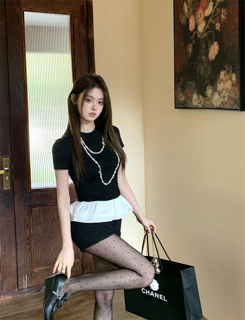實拍  "芭蕾甜豆" 蓬蓬花邊拼接假兩件短袖T恤女