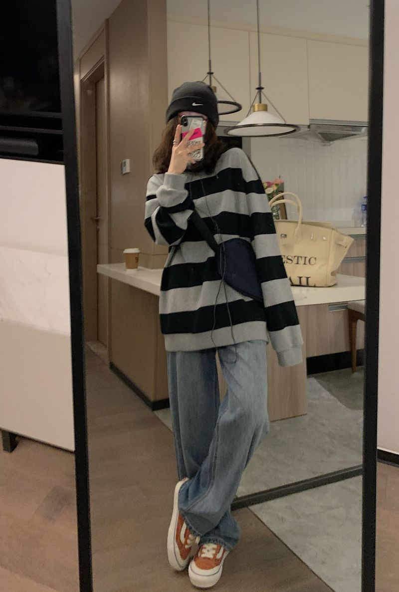 6915# 滌魚鱗薄款復古條紋衛衣女秋裝ins寬鬆長袖圓領