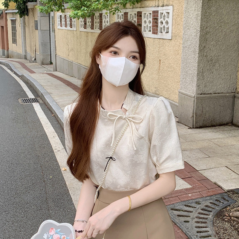 復古國風立領泡泡袖襯衫女新款夏中式改良旗袍短袖上衣
