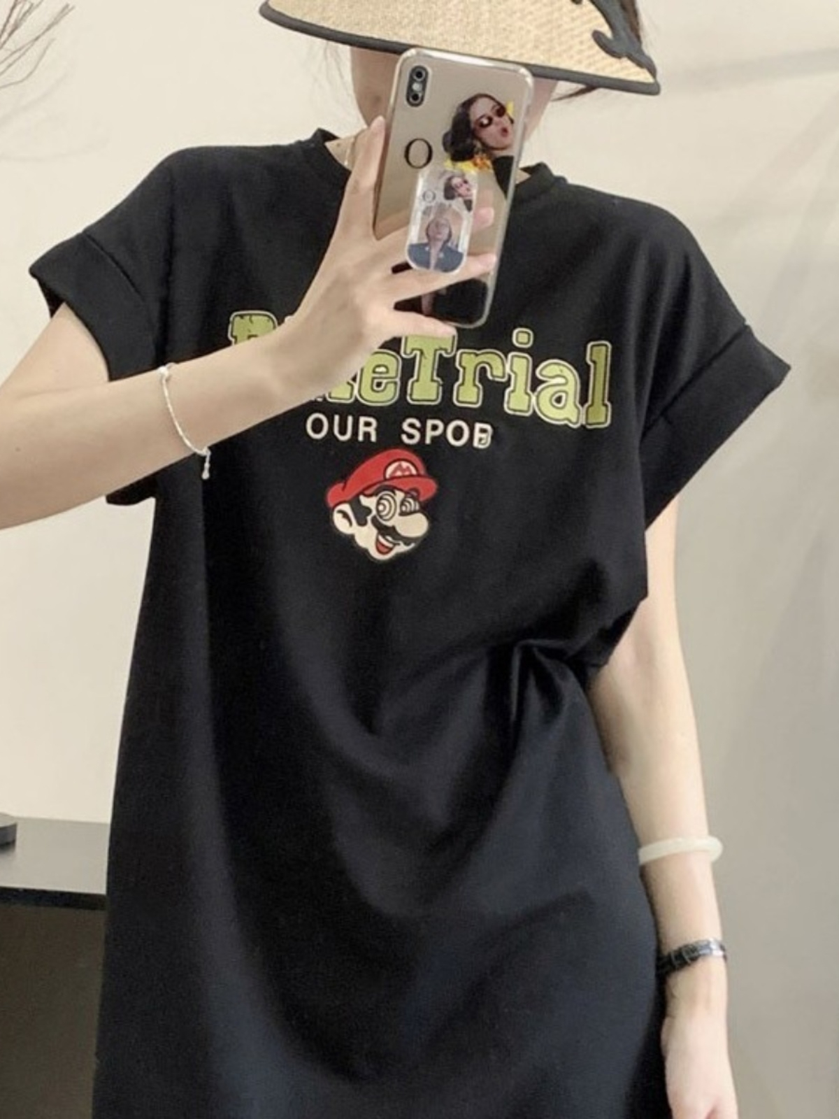 字母印花圓領寬鬆T恤連衣裙女夏季新款超顯瘦休閒短袖中長裙