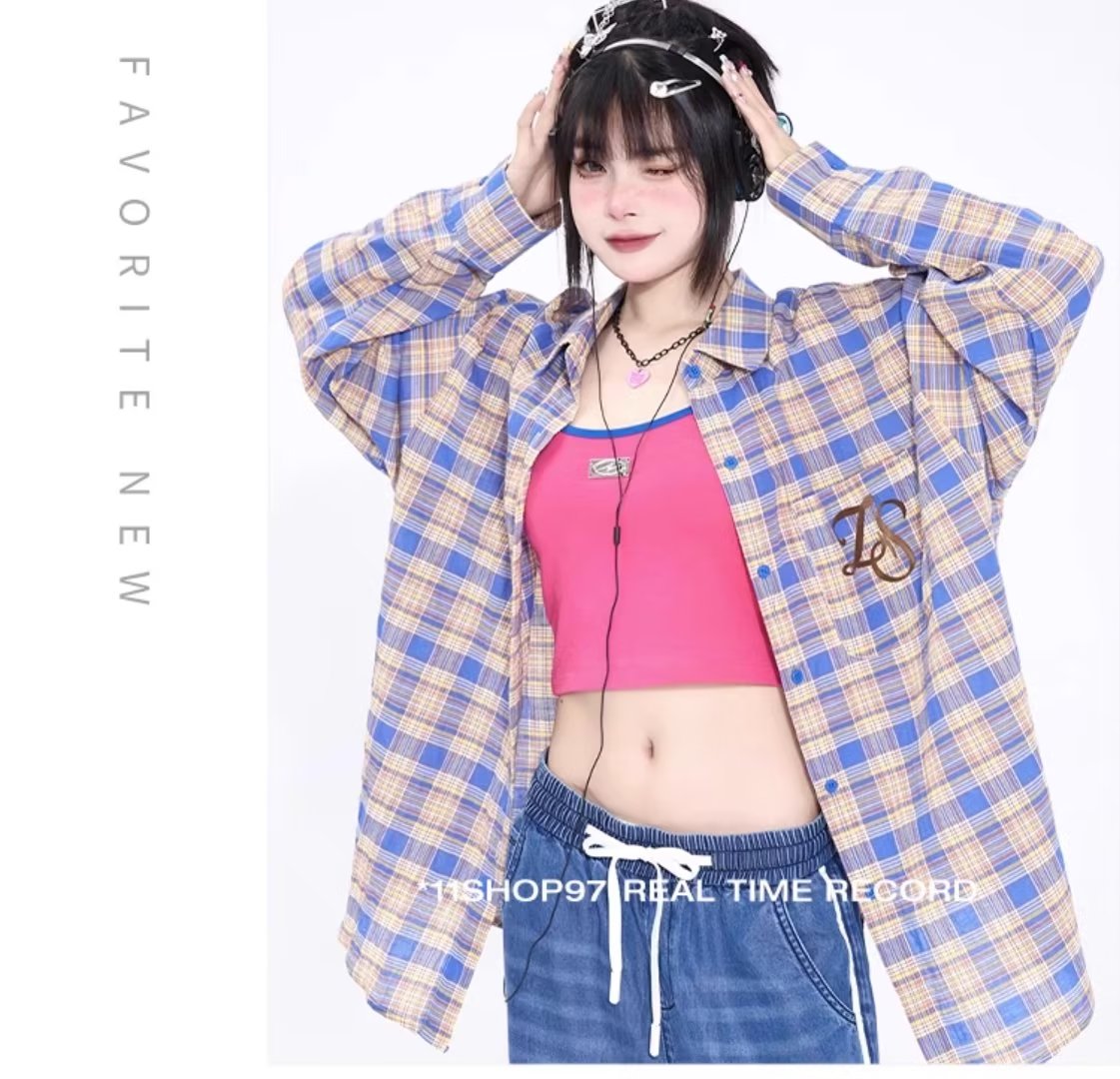 2024年秋季女新款奶系穿搭皮粉格子撞色設計感小眾襯衫