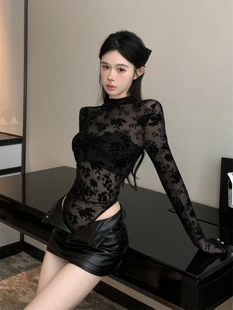 連體衣T恤植絨網紗顯瘦彈力長袖上衣女