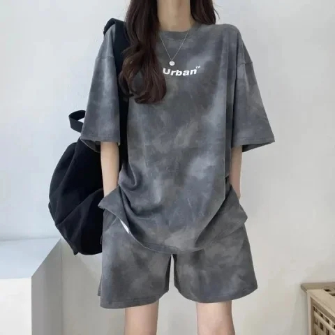 5色 短袖短褲套裝女裝兩件套2024新款夏季時尚休閒運動服跑步寬鬆