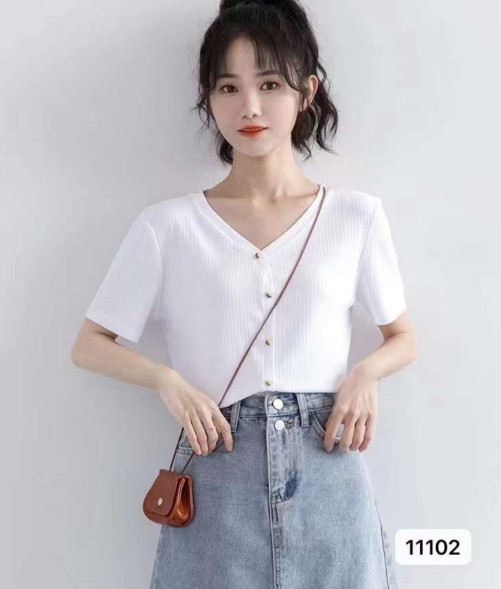 夏季新款簡約V領純色百搭開衫短袖上衣女