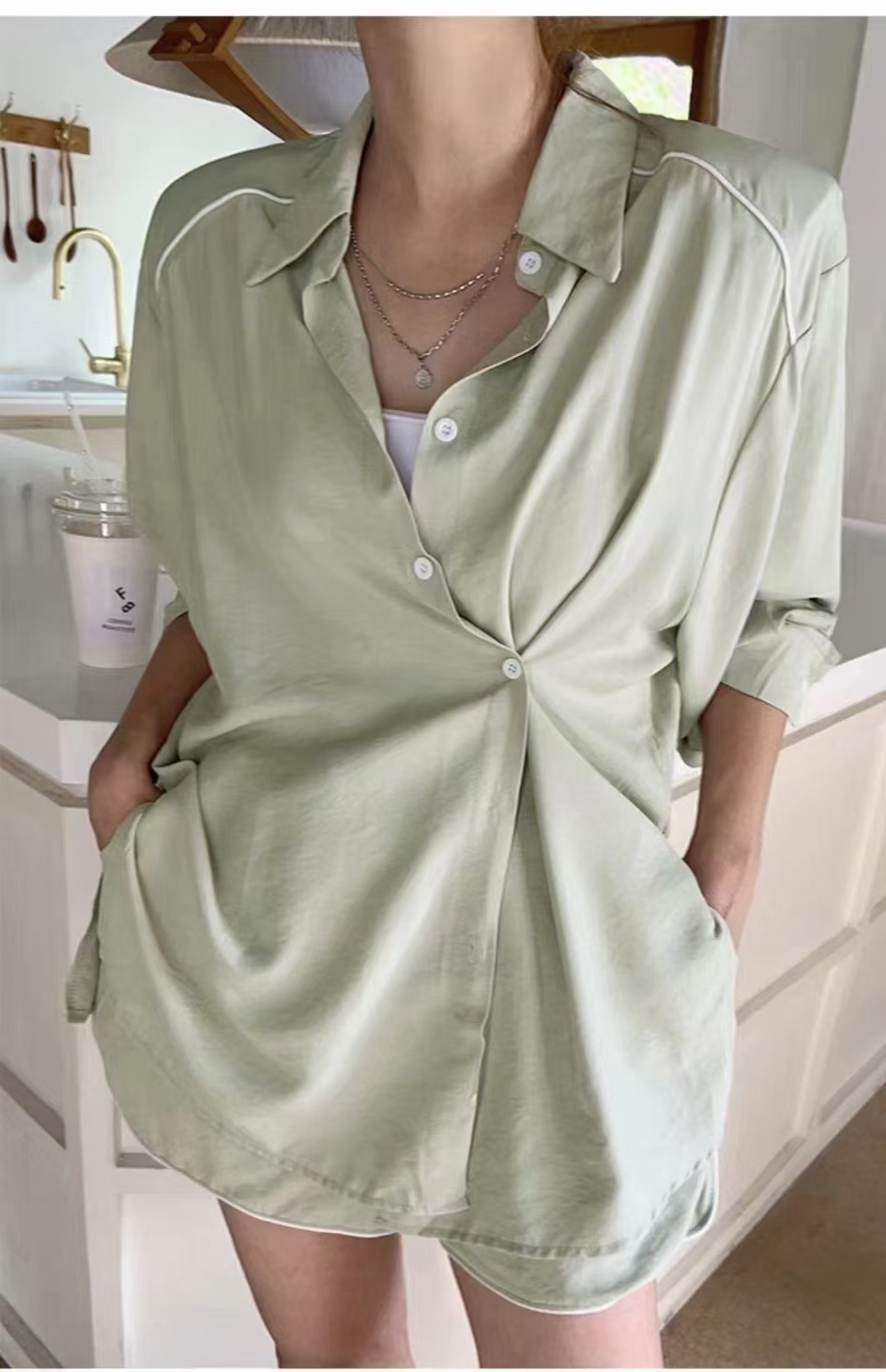 Korea Dongdaemun 23 summer lapel long-sleeved shirt + elastic waist tie casual shorts fashion set