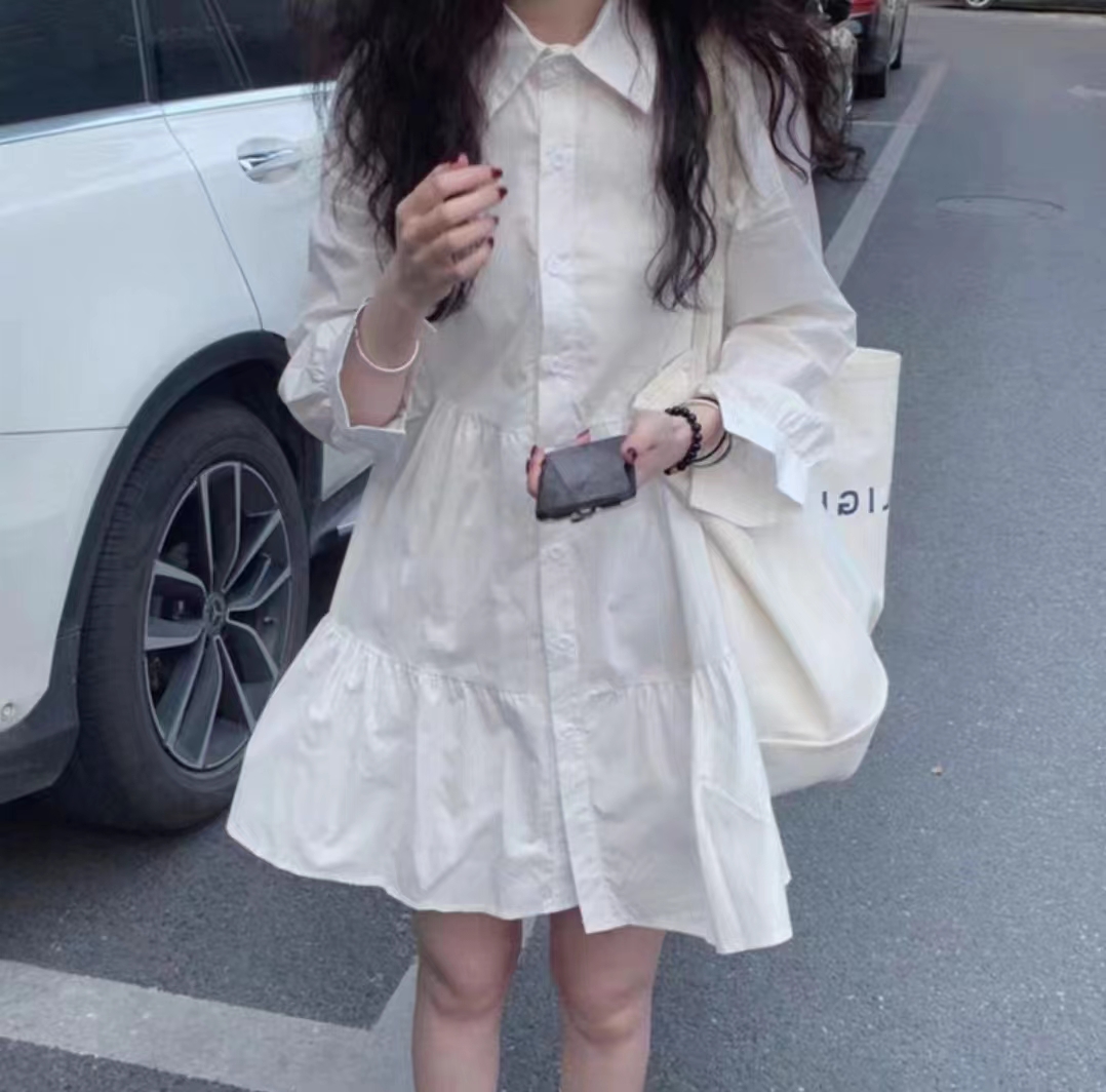 2024春秋新款小個子法式白色連衣裙子女設計感小眾長袖A字襯衫裙