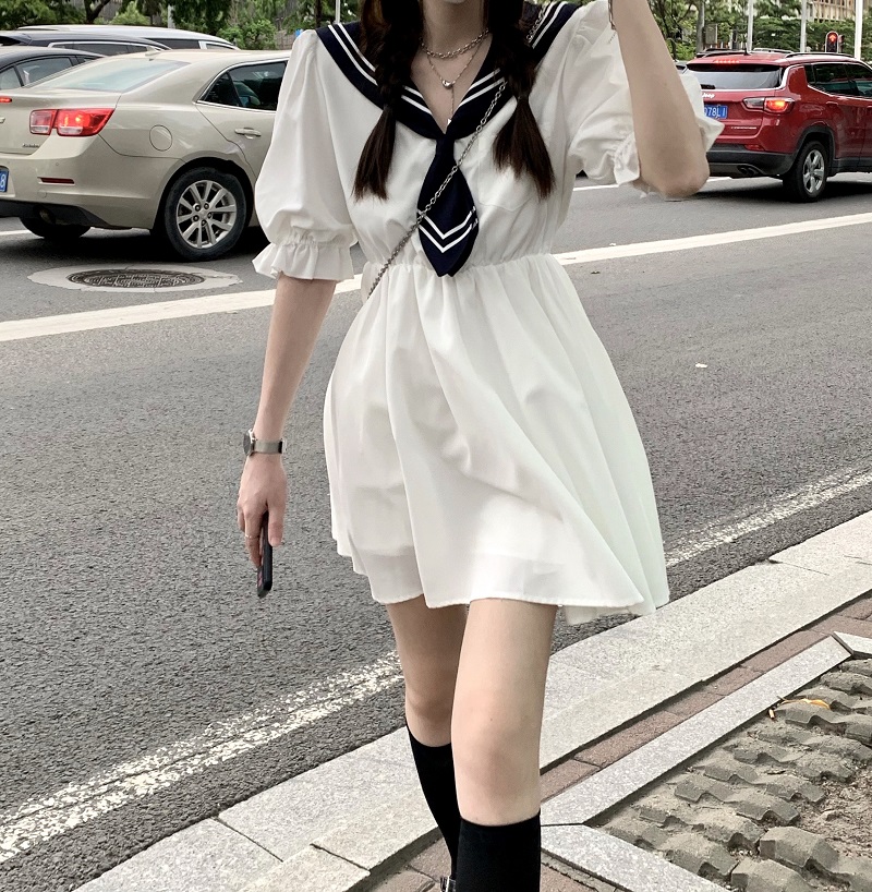 實拍~日系學院風海軍領減齡白色藍襟JK制服水手服