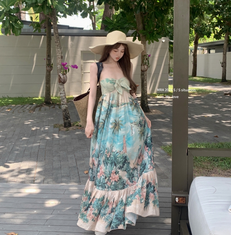 實拍 一字肩抹胸連衣裙女海邊度假長裙性感氣質純欲露肩裙子