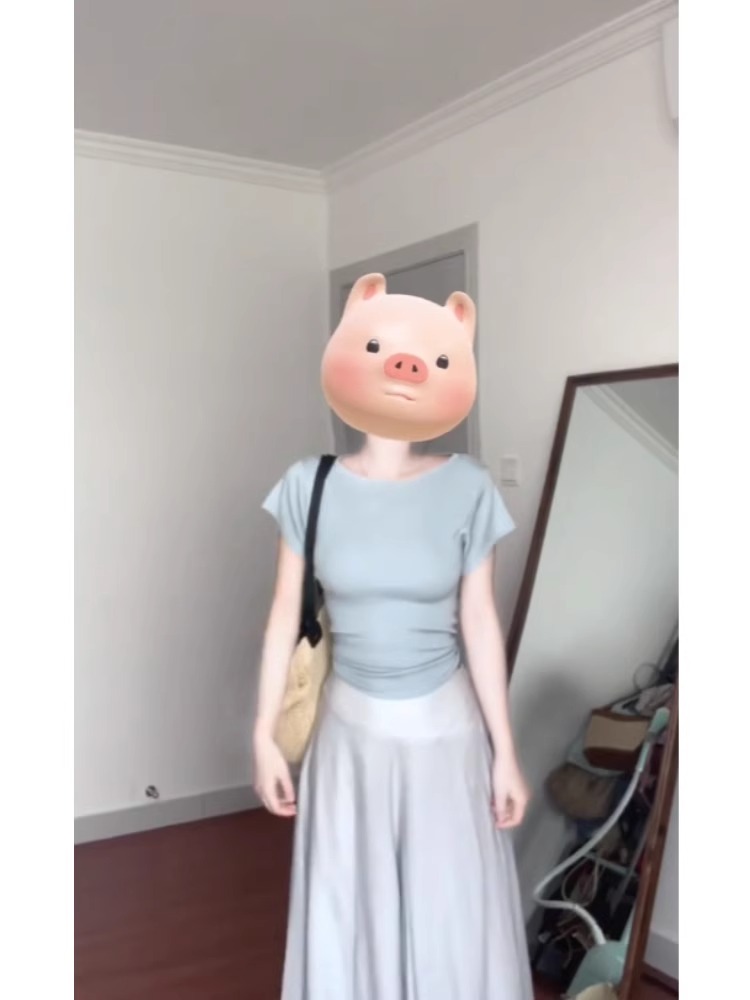 藍色短袖針織衫女夏設計感小眾修身顯瘦百搭正肩T恤短款收腰上衣