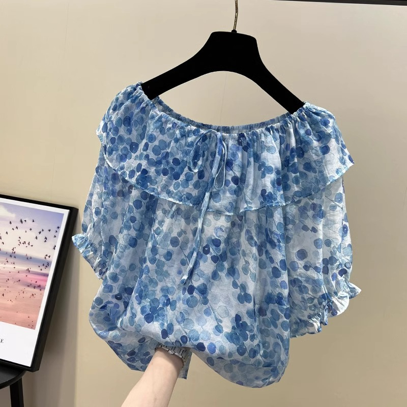 2024年新款碎花荷葉邊一字肩短袖遮肚子雪紡衫上衣女潮
