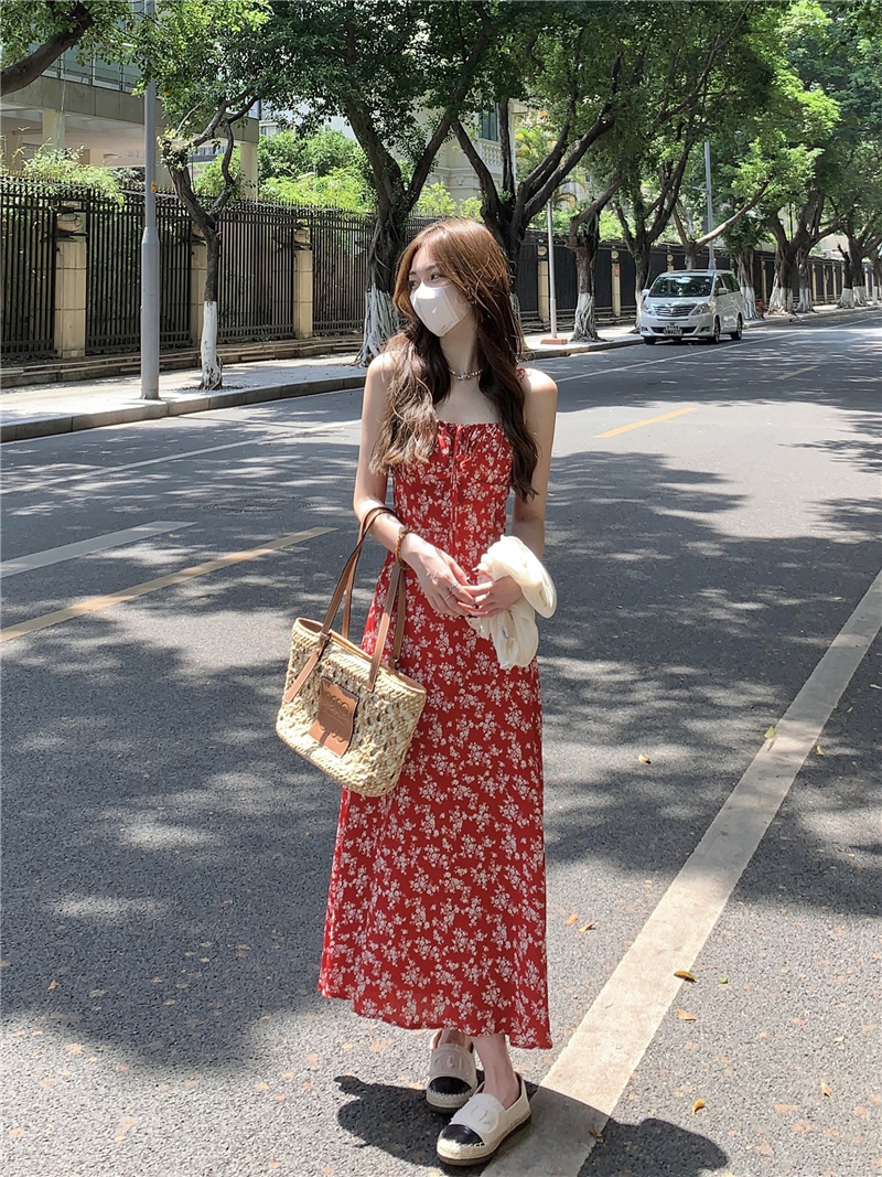 實拍法式碎花復古顯瘦氣質吊帶連衣裙仙女裙兩件套