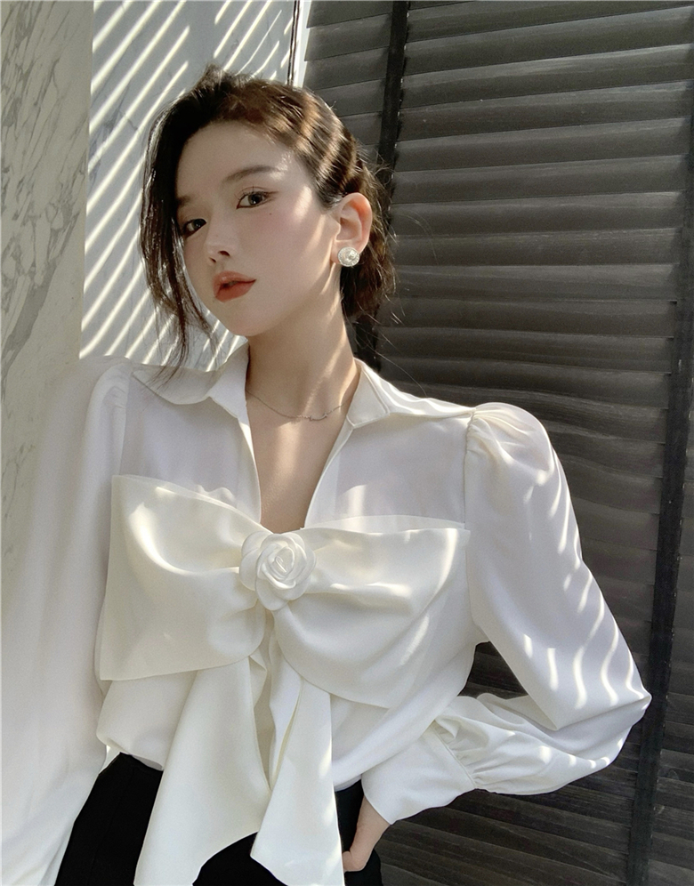 復古港風小眾設計感別致上衣蝴蝶結氣質女神襯衣春秋長袖白色襯衫