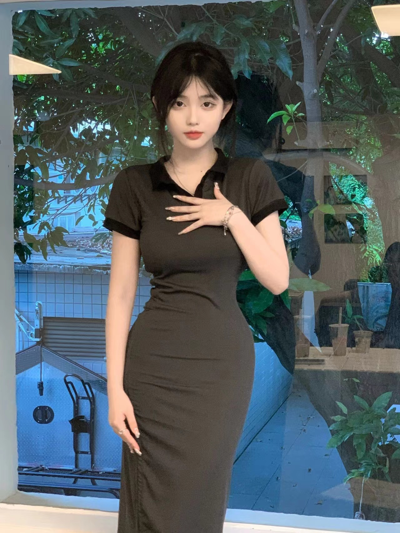 緊身顯身材polo領連衣裙女夏季新款辣妹修身褶皺收腰顯瘦包臀長裙