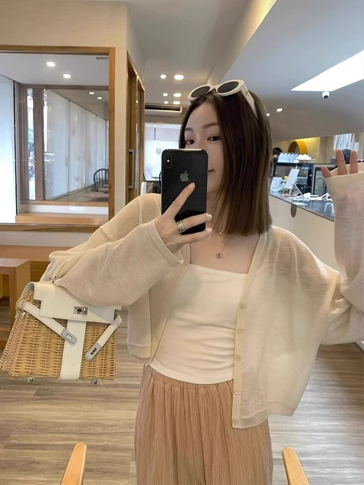 法式小坎肩亞麻冰絲針織防曬開衫女薄款披肩夏季配吊帶裙外搭罩衫