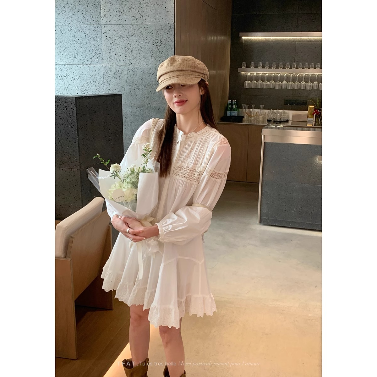 ok好好 杏色法式蕾絲復古連衣裙女2024春季新款寬鬆溫柔風裙子