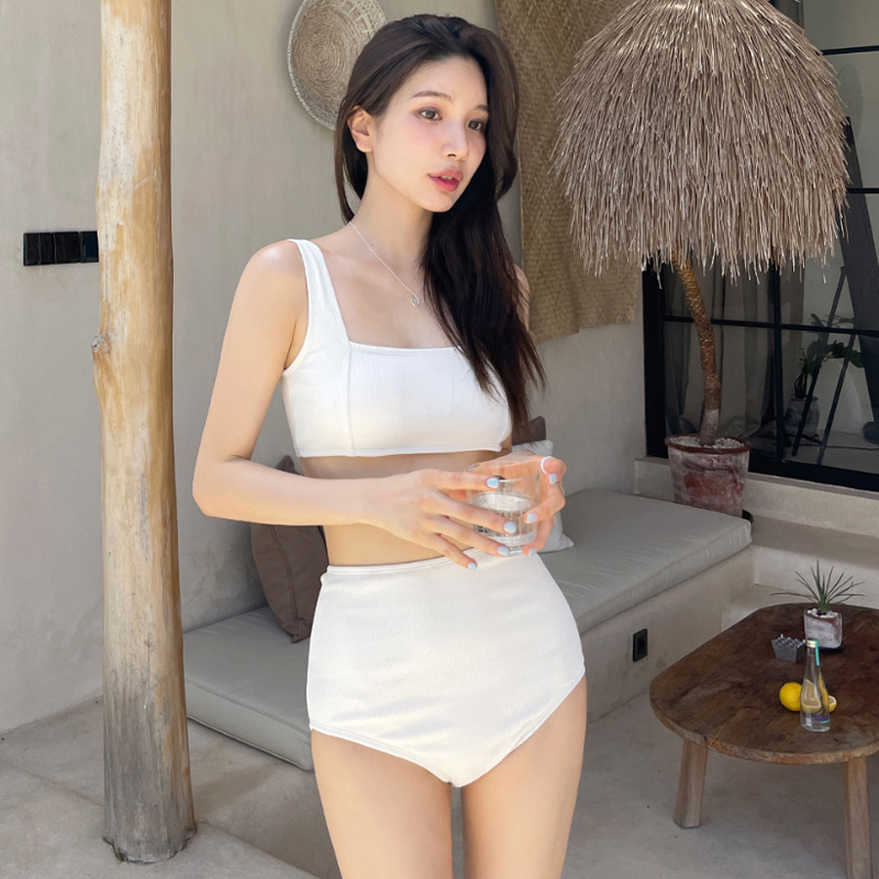 韓風復古簡約純色背心款小胸保守高腰顯瘦遮肉溫泉學生連體泳衣女