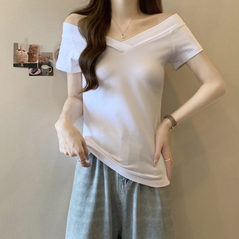 實拍 40支純棉2024夏裝設計感小眾彈力短袖V領T恤女修身百搭上衣