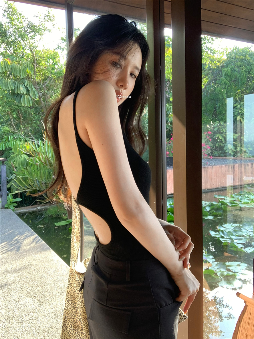 實拍 美式辣妹金屬環性感露背連體吊帶背心夏季修身打底上衣