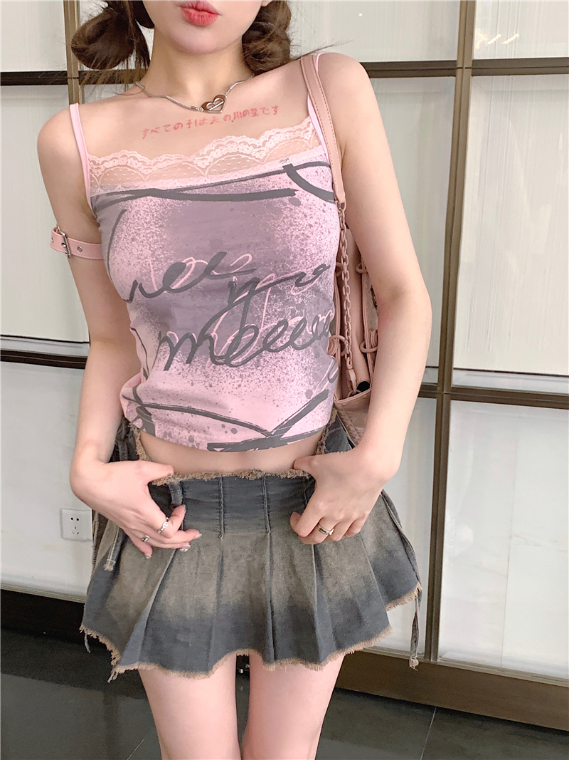 港味甜辣妹吊帶背心女夏季新款蕾絲邊外穿修身顯瘦美背無袖上衣潮