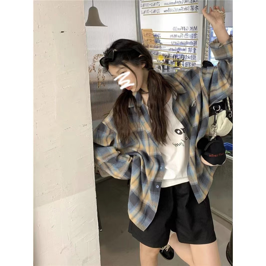 韓系復古格子襯衫女春秋季長袖襯衣外套寬鬆顯瘦休閒慵懶風上衣