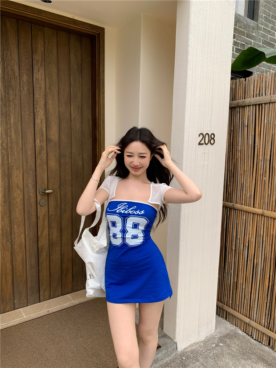 實拍 辣妹 休閒背心裙女設計感字母印花抹胸裙運動連衣裙