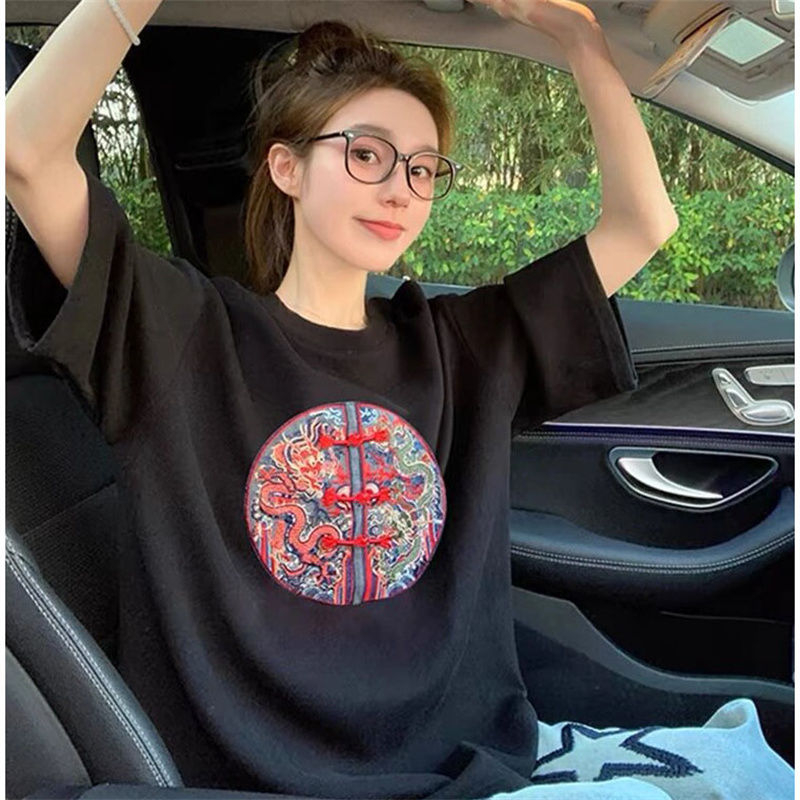 21支純棉包肩領 繡花+中國扣子 國風刺繡立體感黑色短袖