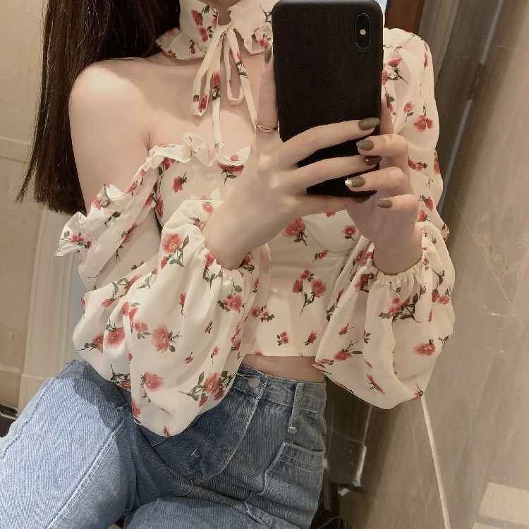 方領碎花夜店襯衫女春季新款2024韓版時尚襯衣性感顯瘦短款上衣潮