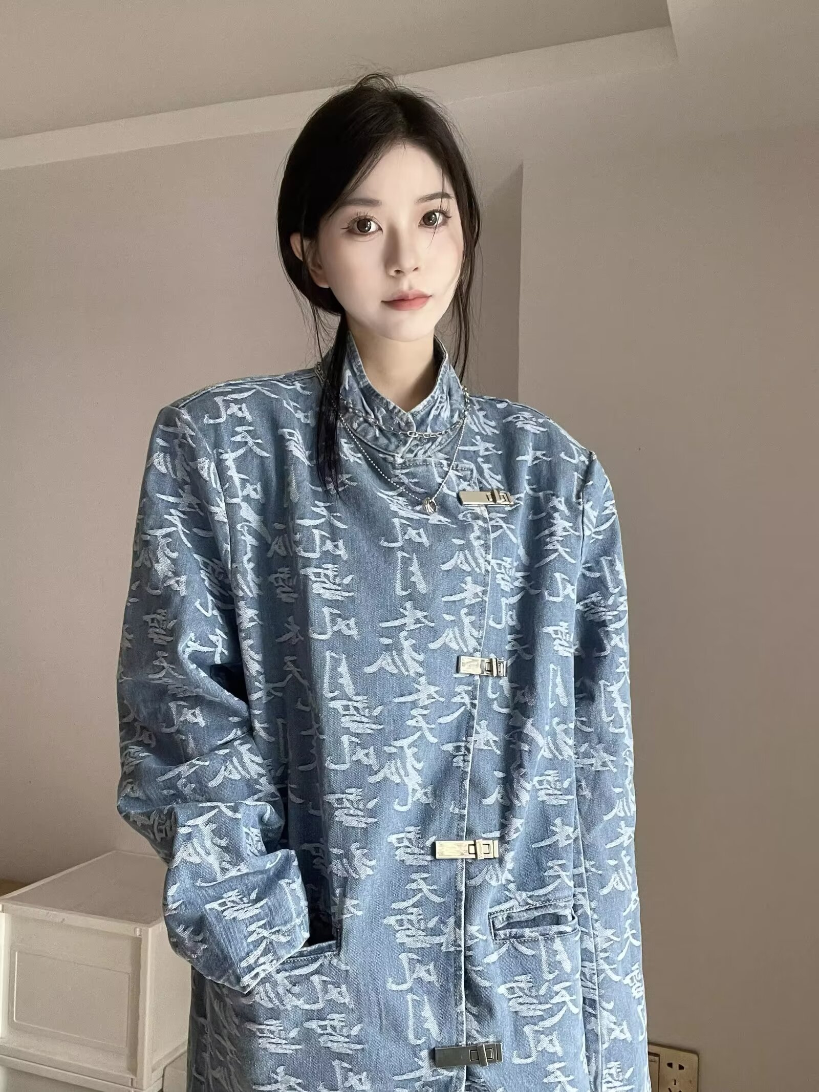 2024中式國潮元素立領牛仔外套設計感春秋寬鬆顯瘦百搭外套女