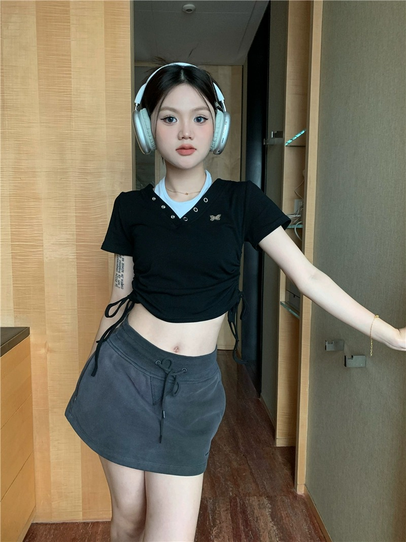 螺紋 設計感掛脖假兩件短袖T恤女夏季抽繩修身短款深灰色上衣