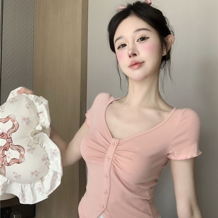 已出貨 夏季新款薄款短袖T恤修身顯瘦辣妹性感甜美上衣純色瑞麗