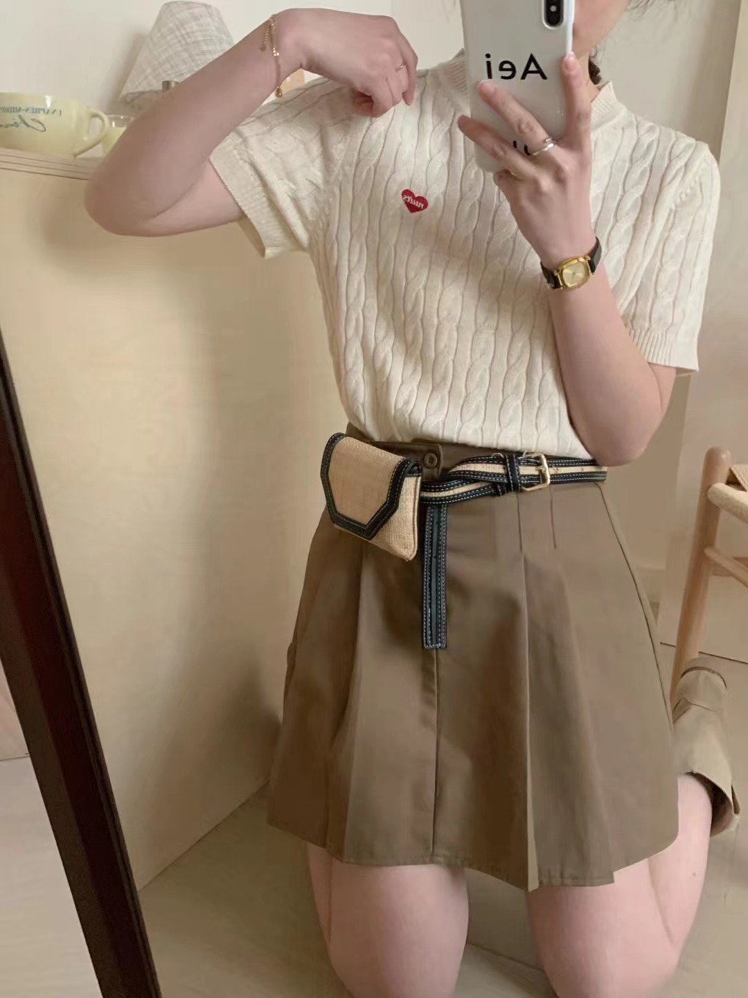韓風減齡愛心刺繡圓領麻花針織衫女春夏短袖套頭休閒洋氣復古上衣